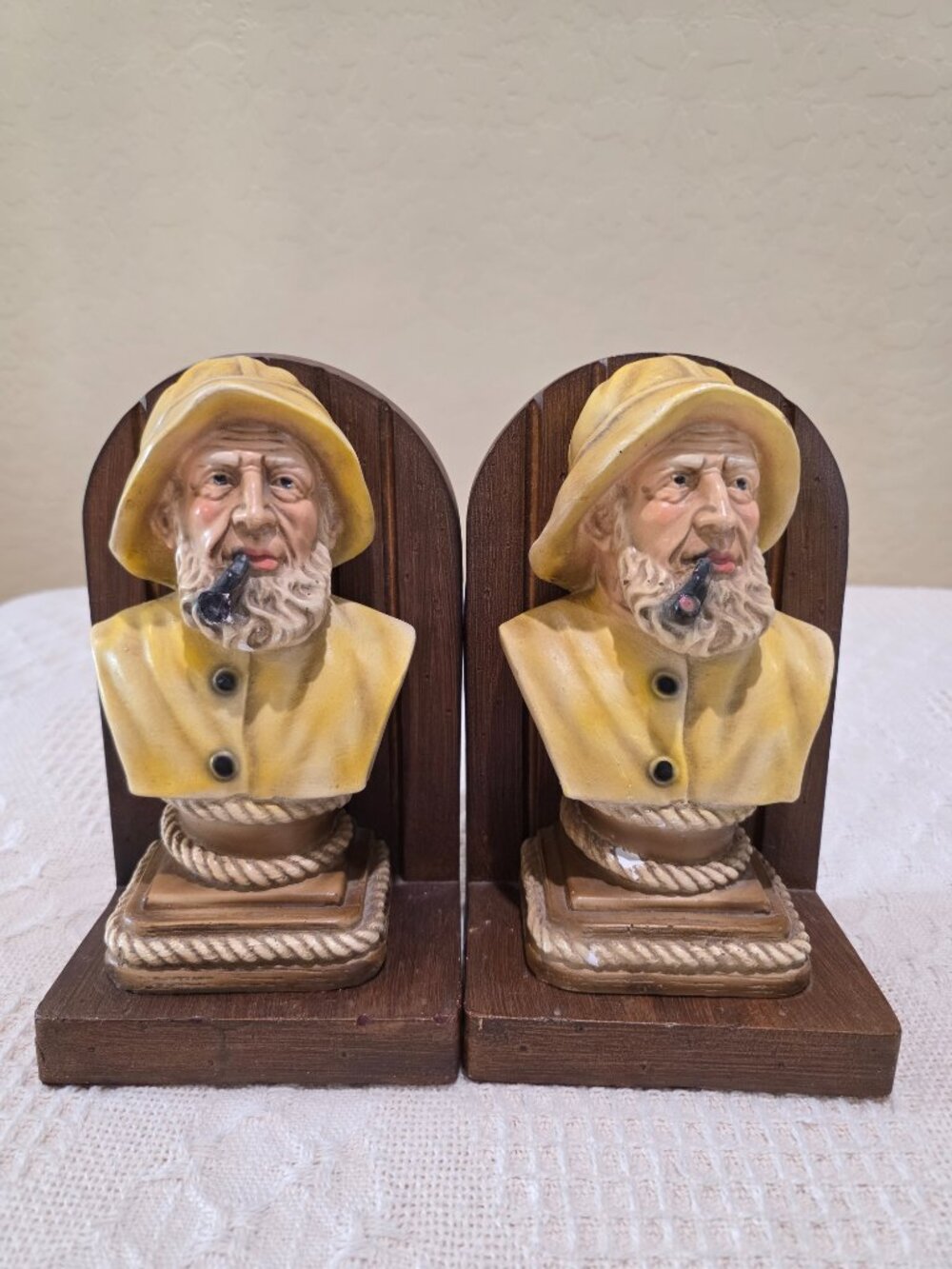 1970's Old Salt Sea Captain Chalkware MCM Yellow Raincoat Hat Bookends Set of 2